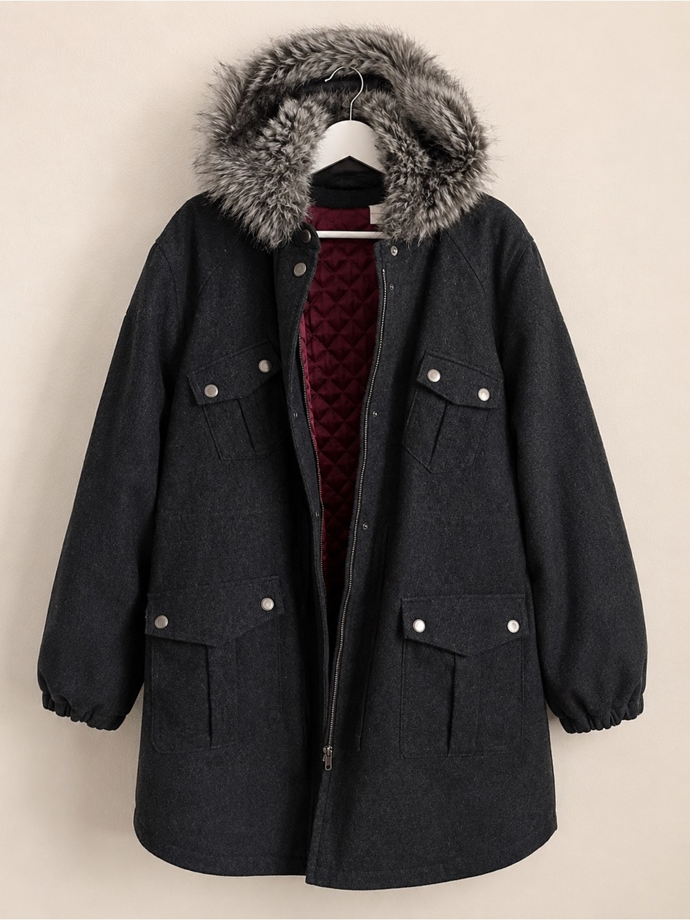 Wrap London 100% Wool Coat Black Faux Fur Hood Quilted US 14